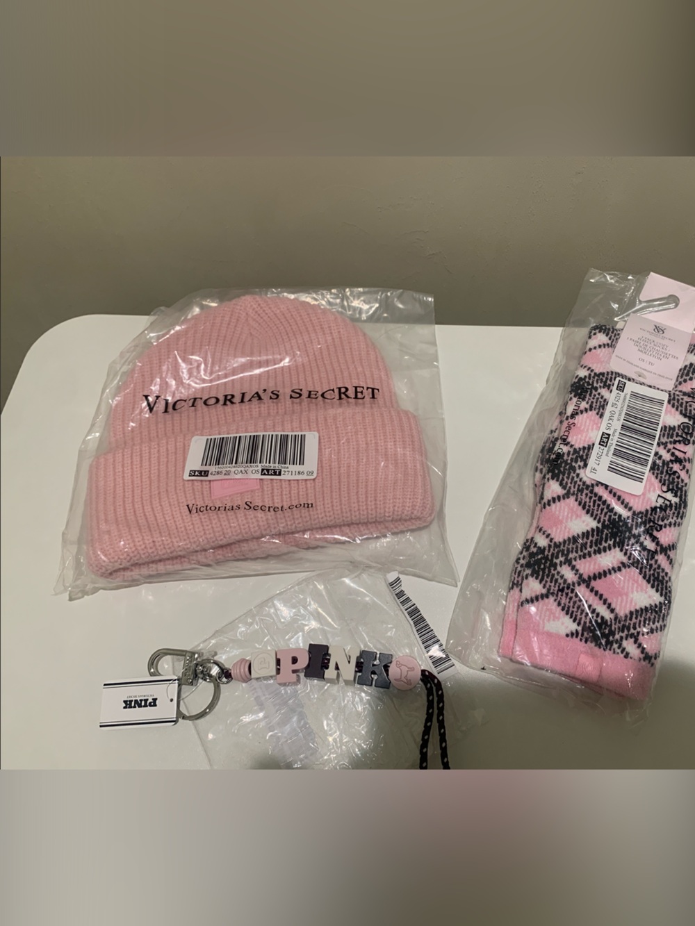 Victoria's Secret Pink Beanie & Pink Patterned Socks & Pink Keychain